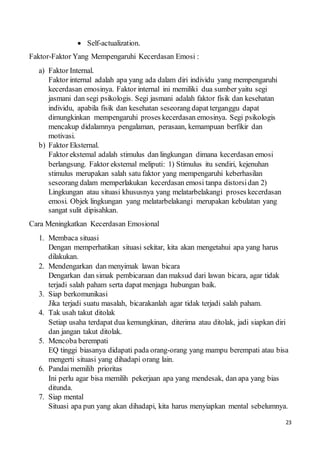 23
 Self-actualization.
Faktor-Faktor Yang Mempengaruhi Kecerdasan Emosi :
a) Faktor Internal.
Faktor internal adalah apa yang ada dalam diri individu yang mempengaruhi
kecerdasan emosinya. Faktor internal ini memiliki dua sumber yaitu segi
jasmani dan segi psikologis. Segi jasmani adalah faktor fisik dan kesehatan
individu, apabila fisik dan kesehatan seseorang dapat terganggu dapat
dimungkinkan mempengaruhi proses kecerdasan emosinya. Segi psikologis
mencakup didalamnya pengalaman, perasaan, kemampuan berfikir dan
motivasi.
b) Faktor Eksternal.
Faktor ekstemal adalah stimulus dan lingkungan dimana kecerdasan emosi
berlangsung. Faktor ekstemal meliputi: 1) Stimulus itu sendiri, kejenuhan
stimulus merupakan salah satu faktor yang mempengaruhi keberhasilan
seseorang dalam memperlakukan kecerdasan emosi tanpa distorsidan 2)
Lingkungan atau situasi khususnya yang melatarbelakangi proses kecerdasan
emosi. Objek lingkungan yang melatarbelakangi merupakan kebulatan yang
sangat sulit dipisahkan.
Cara Meningkatkan Kecerdasan Emosional
1. Membaca situasi
Dengan memperhatikan situasi sekitar, kita akan mengetahui apa yang harus
dilakukan.
2. Mendengarkan dan menyimak lawan bicara
Dengarkan dan simak pembicaraan dan maksud dari lawan bicara, agar tidak
terjadi salah paham serta dapat menjaga hubungan baik.
3. Siap berkomunikasi
Jika terjadi suatu masalah, bicarakanlah agar tidak terjadi salah paham.
4. Tak usah takut ditolak
Setiap usaha terdapat dua kemungkinan, diterima atau ditolak, jadi siapkan diri
dan jangan takut ditolak.
5. Mencoba berempati
EQ tinggi biasanya didapati pada orang-orang yang mampu berempati atau bisa
mengerti situasi yang dihadapi orang lain.
6. Pandai memilih prioritas
Ini perlu agar bisa memilih pekerjaan apa yang mendesak, dan apa yang bias
ditunda.
7. Siap mental
Situasi apa pun yang akan dihadapi, kita harus menyiapkan mental sebelumnya.
 