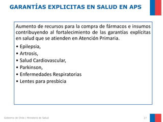 Gobierno de Chile / Ministerio de Salud
GARANTÍAS EXPLICITAS EN SALUD EN APS
Aumento de recursos para la compra de fármacos e insumos
contribuyendo al fortalecimiento de las garantías explícitas
en salud que se atienden en Atención Primaria.
• Epilepsia,
• Artrosis,
• Salud Cardiovascular,
• Parkinson,
• Enfermedades Respiratorias
• Lentes para presbicia
27
 