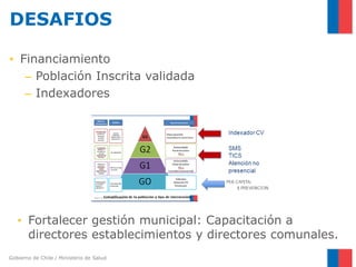 Gobierno de Chile / Ministerio de Salud
DESAFIOS
• Financiamiento
– Población Inscrita validada
– Indexadores
• Fortalecer gestión municipal: Capacitación a
directores establecimientos y directores comunales.
 