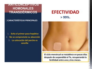 CARACTERÍSTICAS PRINCIPALES
1. Evita el primer paso hepático
2. No se compromete su absorción
3. La colocación del parche es
sencilla
ANTICONCEPTIVOS
HOMONALES
TRANSDÉRMICOS
El ciclo menstrual se restablece en pocos días
después de suspendido el Tx, recuperando la
fertilidad entre uno y tres meses.
EFECTIVIDAD
> 99%.
 
