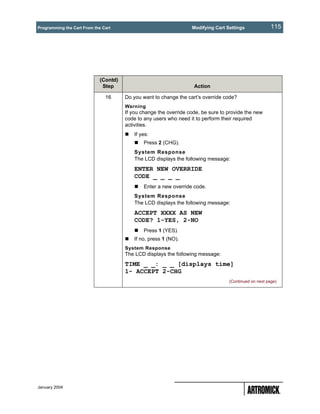 Programming the Cart From the Cart                                 Modifying Cart Settings              115




                             (Contd)
                              Step                                  Action

                               16      Do you want to change the cart’s override code?
                                       Warning
                                       If you change the override code, be sure to provide the new
                                       code to any users who need it to perform their required
                                       activities.
                                           If yes:
                                               Press 2 (CHG).
                                           System Response
                                           The LCD displays the following message:
                                           ENTER NEW OVERRIDE
                                           CODE _ _ _ _
                                               Enter a new override code.
                                           System Response
                                           The LCD displays the following message:
                                           ACCEPT XXXX AS NEW
                                           CODE? 1-YES, 2-NO
                                               Press 1 (YES).
                                           If no, press 1 (NO).
                                       System Response
                                       The LCD displays the following message:
                                       TIME _ _: _ _ [displays time]
                                       1- ACCEPT 2-CHG
                                                                                   (Continued on next page)




January 2004
 