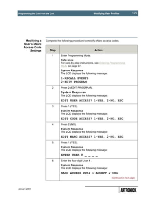 Programming the Cart From the Cart                                    Modifying User Profiles              129




      Modifying a         Complete the following procedure to modify eNarc access codes.
     User’s eNarc
     Access Code
         Settings             Step                                    Action

                                1     Enter Programming Mode.
                                      Reference
                                      For step-by-step instructions, see Entering Programming
                                      Mode on page 97.
                                      System Response
                                      The LCD displays the following message:
                                      1-RECALL EVENTS
                                      2-EDIT PROGRAM
                                2     Press 2 (EDIT PROGRAM).
                                      System Response
                                      The LCD displays the following message:
                                      EDIT USER ACCESS? 1-YES, 2-NO, ESC
                                3     Press 1 (YES).
                                      System Response
                                      The LCD displays the following message:
                                      EDIT CODE ACCESS? 1-YES, 2-NO, ESC
                                4     Press 2 (NO).
                                      System Response
                                      The LCD displays the following message:
                                      EDIT NARC ACCESS? 1-YES, 2-NO, ESC
                                5     Press 1 (YES).
                                      System Response
                                      The LCD displays the following message:
                                      ENTER USER # _ _ _ _
                                6     Enter the four-digit User # .
                                      System Response
                                      The LCD displays the following message:
                                      NARC ACCESS DWR1 1-ACCEPT 2-CHG
                                                                                      (Continued on next page)




January 2004
 