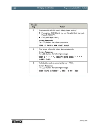 130             Modifying User Profiles              Programming the Cart From the Cart




      (Contd)
       Step                                     Action

        7        Do you want to edit this user’s eNarc drawer setting?
                     If yes, press 2 (CHG) until you see the option that you want.
                     Press 1 (ACCEPT).
                     If no, press 1 (ACCEPT).
                 System Response
                 The LCD displays the following message:
                 USER # ENTER NEW NARC CODE
        8        Enter a new a four-digit eNarc Narc Access code.
                 System Response
                 The LCD displays the following message:
                 USER # * * * *, VERIFY NARC CODE * * * *
                 1-YES 2-NO
        9        Verify that the code is correct and press 1 (YES).
                 System Response
                 The LCD displays the following message:
                 EDIT NARC ACCESS? 1-YES, 2-NO, ESC




                                                                            January 2004
 