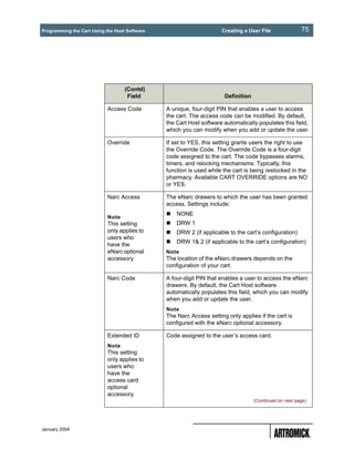 Programming the Cart Using the Host Software                         Creating a User File               75




                                   (Contd)
                                    Field                             Definition

                           Access Code         A unique, four-digit PIN that enables a user to access
                                               the cart. The access code can be modified. By default,
                                               the Cart Host software automatically populates this field,
                                               which you can modify when you add or update the user.

                           Override            If set to YES, this setting grants users the right to use
                                               the Override Code. The Override Code is a four-digit
                                               code assigned to the cart. The code bypasses alarms,
                                               timers, and relocking mechanisms. Typically, this
                                               function is used while the cart is being restocked in the
                                               pharmacy. Available CART OVERRIDE options are NO
                                               or YES.

                           Narc Access         The eNarc drawers to which the user has been granted
                                               access. Settings include:
                                                   NONE
                           Note
                           This setting            DRW 1
                           only applies to         DRW 2 (if applicable to the cart’s configuration)
                           users who
                                                   DRW 1& 2 (if applicable to the cart’s configuration)
                           have the
                           eNarc optional      Note
                           accessory.          The location of the eNarc drawers depends on the
                                               configuration of your cart.

                           Narc Code           A four-digit PIN that enables a user to access the eNarc
                                               drawers. By default, the Cart Host software
                                               automatically populates this field, which you can modify
                                               when you add or update the user.
                                               Note
                                               The Narc Access setting only applies if the cart is
                                               configured with the eNarc optional accessory.

                           Extended ID         Code assigned to the user’s access card.
                           Note
                           This setting
                           only applies to
                           users who
                           have the
                           access card
                           optional
                           accessory.
                                                                                   (Continued on next page)




January 2004
 