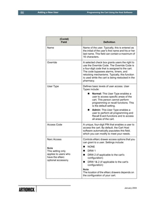 86   Adding a New User                Programming the Cart Using the Host Software




                         (Contd)
                          Field                        Definition

            Name                   Name of the user. Typically, this is entered as
                                   the initial of the user’s first name and his or her
                                   last name. This field can contain a maximum of
                                   16 characters.

            Override               A selected check box grants users the right to
                                   use the Override Code. The Override Code is
                                   a four-digit code that is assigned to the cart.
                                   The code bypasses alarms, timers, and
                                   relocking mechanisms. Typically, this function
                                   is used while the cart is being restocked in the
                                   pharmacy.

            User Type              Defines basic levels of user access. User
                                   Types include:
                                           Normal: This User Type enables a
                                           user to access specific areas of the
                                           cart. This person cannot perform
                                           programming or recall functions. This
                                           is the default setting.
                                           Admin: This User Type enables a
                                           user to perform all programming and
                                           Recall Event functions and to access
                                           all areas of the cart.

            Access Code            A unique, four-digit PIN that enables a user to
                                   access the cart. By default, the Cart Host
                                   software automatically populates this field,
                                   which you can modify to meet your needs.

            Narc Access            Controls eNarc drawer access options that you
                                   can grant to a user. Settings include:
                                       NONE
            Note
            This setting only          DRW 1
            applies to users who       DRW 2 (if applicable to the cart’s
            have the eNarc             configuration)
            optional accessory.
                                       DRW 1& 2 (if applicable to the cart’s
                                       configuration)
                                   Note
                                   The location of the eNarc drawers depends on
                                   the configuration of your cart.



                                                                            January 2004
 