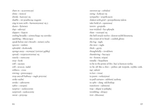 84
share in – uczestniczyć
shine – świecić
shrink – kurczyć się
shuffle – iść powłócząc nogami
sing in tune with – harmonizować się z
skater – łyżwiarz
slap – uderzyć
slippers – kapcie
smiling broadly – uśmiechając się szeroko
sparkling – błyszczący
speak below one’s breath – mówić cicho
spectre – widmo
splendid – doskonały
sponge away – wymazać (zetrzeć gąbką)
spread – rozprzestrzeniać się
stately – stateczny
step – krok
stiff – zacięty
still – jeszcze, nadal
stillness - cisza
stirring – poruszający
stop oneself halfway – nagle przestać
strike-wybić
stroke – uderzenie
suffer – cierpieć
surprise – zaskoczenie
surprised – zaskoczony
swear – przysiąc
85
sweeten up – osłodzić
swing – kołysać się
sympathy – współczucie
shaken with grief – przepełniony żalem
take hold of – opanować
tavern - gospoda
tear trickled – łza spłynęła
thaw – roztopić się
the bell struck twelve– dzwon wybił dwunastą
the crown of its head – czubek głowy
the fog - mgła
the mist – mgła
thick – gęsty
thoughtfully – troskliwie
thundering – huczący
tie – krawat, wiązać
timidly – bojaźliwie
to be in the prime of life– być w kwiecie wieku
to be off like a shot – pobiec jak torpeda, szybko znik-
nąć, odejść
to last – trwać
to point – wskazywać
to pull curtains– odsłonić zasłony
to split – slang. odchodząc
transform – odmienić
trap – złapać w pułapkę
trembling – drżący
trot – kłusować
 