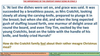 THE IMPORTANCE OF THE CRATCHIT FAMILY SCENE IN STAVE 3
AO1 – Develop a critical and informed response to the text using relevant quotations to
support your ideas.
AO2 – Explain, using literary terms, how the writer uses language, form and structure to create
meaning and effect.
5. ‘At last the dishes were set on, and grace was said. It was
succeeded by a breathless pause, as Mrs Cratchit, looking
slowly all along the carving-knife, prepared to plunge it in
the breast; but when she did, and when the long expected
gush of stuffing issued forth, one murmur of delight arose all
round the board, and even Tiny Tim, excited by the two
young Cratchits, beat on the table with the handle of his
knife, and feebly cried Hurrah!‘
How do the Cratchit family feel about their rather meagre Christmas
meal?
 