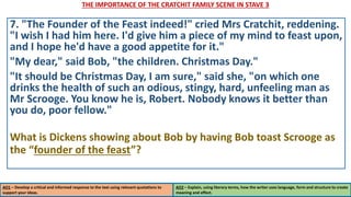 THE IMPORTANCE OF THE CRATCHIT FAMILY SCENE IN STAVE 3
AO1 – Develop a critical and informed response to the text using relevant quotations to
support your ideas.
AO2 – Explain, using literary terms, how the writer uses language, form and structure to create
meaning and effect.
7. "The Founder of the Feast indeed!" cried Mrs Cratchit, reddening.
"I wish I had him here. I'd give him a piece of my mind to feast upon,
and I hope he'd have a good appetite for it."
"My dear," said Bob, "the children. Christmas Day."
"It should be Christmas Day, I am sure," said she, "on which one
drinks the health of such an odious, stingy, hard, unfeeling man as
Mr Scrooge. You know he is, Robert. Nobody knows it better than
you do, poor fellow."
What is Dickens showing about Bob by having Bob toast Scrooge as
the “founder of the feast”?
 