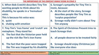 THE IMPORTANCE OF THE CRATCHIT FAMILY SCENE IN STAVE 3
AO1 – Develop a critical and informed response to the text using relevant quotations to
support your ideas.
AO2 – Explain, using literary terms, how the writer uses language, form and structure to create
meaning and effect.
5. When Bob Cratchit describes Tiny Tim
wanting people to think about his
disability, he speaks in a ‘tremulous’
voice.
This is because his voice was:
A. quiet
B. shaking with emotion
6. Scrooge’s sympathy for Tiny Tim is
ironic, because:
A. At the start of the story, Scrooge
describes people like Tiny Tim as
‘surplus population’
B. Scrooge really didn’t care about Tiny
Tim anyway
7. Tiny Tim’s ‘iron frame’ and ‘crutch’ are
metaphors. They stand for:
A. The fact that the Victorian poor held
up the rich like Tim’s iron frame
B. The fact that the poor were trapped
like Tim was trapped by his disability
8. The Spirit of Christmas Present tries to
teach Scrooge that:
A. all people deserve to be treated fairly
B. Scrooge should enjoy Christmas just
like everyone else does
 
