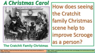 A Christmas Carol
The Cratchit Family Christmas
AO1 – Develop a critical and informed response to the text using relevant quotations to
support your ideas.
AO2 – Explain, using literary terms, how the writer uses language, form and structure to create
meaning and effect.
How does seeing
the Cratchit
family Christmas
scene help to
improve Scrooge
as a person?
 