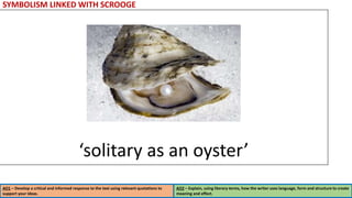 SYMBOLISM LINKED WITH SCROOGE
AO1 – Develop a critical and informed response to the text using relevant quotations to
support your ideas.
AO2 – Explain, using literary terms, how the writer uses language, form and structure to create
meaning and effect.
‘solitary as an oyster’
 