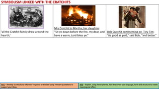 AO1 – Develop a critical and informed response to the text using relevant quotations to
support your ideas.
AO2 – Explain, using literary terms, how the writer uses language, form and structure to create
meaning and effect.
‘all the Cratchit family drew around the
hearth,’
Mrs Cratchit to Martha, her daughter:
“Sit ye down before the fire, my dear, and
have a warm, Lord bless ye.”
Bob Cratchit commenting on Tiny Tim:
“As good as gold,” said Bob, “and better.”
SYMBOLISM LINKED WITH THE CRATCHITS
 