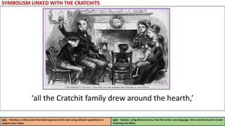 AO1 – Develop a critical and informed response to the text using relevant quotations to
support your ideas.
AO2 – Explain, using literary terms, how the writer uses language, form and structure to create
meaning and effect.
‘all the Cratchit family drew around the hearth,’
SYMBOLISM LINKED WITH THE CRATCHITS
 