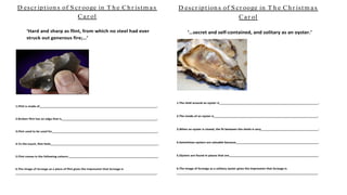 D escr iption s of S cr ooge in T h e Ch r istm as
Car ol
‘Hard and sharp as flint, from which no steel had ever
struck out generous fire;…’
1.Flint is made of______________________________________________________________________.
2.Broken flint has an edge that is_________________________________________________________.
3.Flint used to be used for_______________________________________________________________.
4.To the touch, flint feels________________________________________________________________.
5.Flint comes in the following colours:_____________________________________________________.
6.The image of Scrooge as a piece of flint gives the impression that Scrooge is
____________________________________________________________________________________.
D escr iption s of S cr ooge in T h e Ch r istm as
Car ol
‘…secret and self-contained, and solitary as an oyster.’
1.The shell around an oyster is___________________________________________________________.
2.The inside of an oyster is______________________________________________________________.
3.When an oyster is closed, the fit between the shells is very__________________________________.
4.Sometimes oysters are valuable because_________________________________________________.
5.Oysters are found in places that are_____________________________________________________.
6.The image of Scrooge as a solitary oyster gives the impression that Scrooge is
____________________________________________________________________________________.
 
