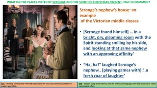 WHAT DO THE PLACES VISTED BY SCROOGE AND THE SPIRIT OF CHRISTMAS PRESENT HAVE IN COMMON?
AO1 – Develop a critical and informed response to the text using relevant quotations to
support your ideas.
AO2 – Explain, using literary terms, how the writer uses language, form and structure to create
meaning and effect.
Scrooge’s nephew’s house: an
example
of the Victorian middle classes
• [Scrooge found himself] … in a
bright, dry, gleaming room with the
Spirit standing smiling by his side,
and looking at that same nephew
with an approving affinity.’
• “Ha, ha!” laughed Scrooge’s
nephew.. [playing games with] ‘..a
fresh roar of laughter’
 