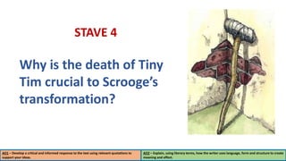 AO1 – Develop a critical and informed response to the text using relevant quotations to
support your ideas.
AO2 – Explain, using literary terms, how the writer uses language, form and structure to create
meaning and effect.
STAVE 4
Why is the death of Tiny
Tim crucial to Scrooge’s
transformation?
 
