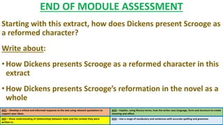 AO1 – Develop a critical and informed response to the text using relevant quotations to
support your ideas.
AO2 – Explain, using literary terms, how the writer uses language, form and structure to create
meaning and effect.
END OF MODULE ASSESSMENT
Starting with this extract, how does Dickens present Scrooge as
a reformed character?
Write about:
•How Dickens presents Scrooge as a reformed character in this
extract
•How Dickens presents Scrooge’s reformation in the novel as a
whole
A03 – Show understanding of relationships between texts and the context they were
written in.
AO4 – Use a range of vocabulary and sentences with accurate spelling and grammar.
 