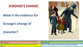 AO1 – Develop a critical and informed response to the text using relevant quotations to
support your ideas.
AO2 – Explain, using literary terms, how the writer uses language, form and structure to create
meaning and effect.
SCROOGE’S CHANGE
What is the evidence for
Scrooge’s change of
character?
A03 – Show understanding of relationships between texts and the context they were
written in.
AO4 – Use a range of vocabulary and sentences with accurate spelling and grammar.
 