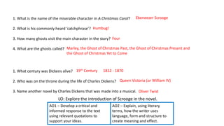 LO: Explore the introduction of Scrooge in the novel.
AO2 – Explain, using literary
terms, how the writer uses
language, form and structure to
create meaning and effect.
AO1 – Develop a critical and
informed response to the text
using relevant quotations to
support your ideas.
How much do you know about A Christmas Carol?
1. What is the name of the miserable character in A Christmas Carol?
2. What is his commonly heard ‘catchphrase’?
3. How many ghosts visit the main character in the story?
4. What are the ghosts called?
How much do you know about Charles Dickens?
1. What century was Dickens alive?
2. Who was on the throne during the life of Charles Dickens?
3. Name another novel by Charles Dickens that was made into a musical.
Ebeneezer Scrooge
Humbug!
Four
Marley, the Ghost of Christmas Past, the Ghost of Christmas Present and
the Ghost of Christmas Yet to Come
19th Century 1812 - 1870
Queen Victoria (or William IV)
Oliver Twist
 