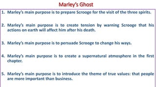 Marley’s Ghost
1. Marley’s main purpose is to prepare Scrooge for the visit of the three spirits.
2. Marley’s main purpose is to create tension by warning Scrooge that his
actions on earth will affect him after his death.
3. Marley’s main purpose is to persuade Scrooge to change his ways.
4. Marley’s main purpose is to create a supernatural atmosphere in the first
chapter.
5. Marley’s main purpose is to introduce the theme of true values: that people
are more important than business.
 