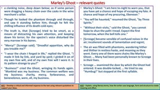 Marley’s Ghost – relevant quotes
• a clanking noise, deep down below; as if some person
were dragging a heavy chain over the casks in the wine
merchant's cellar.
• Though he looked the phantom through and through,
and saw it standing before him; though he felt the
chilling influence of its death-cold eyes;
• The truth is, that [Scrooge] tried to be smart, as a
means of distracting his own attention, and keeping
down his terror; for the spectre's voice disturbed the
very marrow in his bones.
• "Mercy!" [Scrooge said]. "Dreadful apparition, why do
you trouble me?"
• "I wear the chain I forged in life," replied the Ghost. "I
made it link by link, and yard by yard; I girded it on of
my own free will, and of my own free will I wore it. Is
its pattern strange to you?"
• "Business!" cried the Ghost, wringing its hands again.
"Mankind was my business. The common welfare was
my business; charity, mercy, forbearance, and
benevolence, were, all, my business.
• Marley’s Ghost: "I am here to-night to warn you, that
you have yet a chance and hope of escaping my fate. A
chance and hope of my procuring, Ebenezer."
• "You will be haunted," resumed the Ghost, "by Three
Spirits."
• "Without their visits," said the Ghost, "you cannot
hope to shun the path I tread. Expect the first
tomorrow, when the bell tolls one."
• [Scrooge] became sensible of confused noises in the
air; incoherent sounds of lamentation and regret;
• The air was filled with phantoms, wandering hither
and thither in restless haste, and moaning as they
went. Every one of them wore chains like Marley's
Ghost; … Many had been personally known to Scrooge
in their lives.
• Scrooge … examined the door by which the Ghost had
entered. It was double-locked, … He tried to say
"Humbug!" but stopped at the first syllable.
AO1 – Develop a critical and informed response to the text using relevant quotations to
support your ideas.
AO2 – Explain, using literary terms, how the writer uses language, form and structure to create
meaning and effect.
 