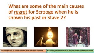 AO1 – Develop a critical and informed response to the text using relevant quotations to
support your ideas.
AO2 – Explain, using literary terms, how the writer uses language, form and structure to create
meaning and effect.
What are some of the main causes
of regret for Scrooge when he is
shown his past in Stave 2?
 