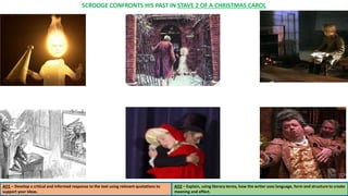 AO1 – Develop a critical and informed response to the text using relevant quotations to
support your ideas.
AO2 – Explain, using literary terms, how the writer uses language, form and structure to create
meaning and effect.
SCROOGE CONFRONTS HIS PAST IN STAVE 2 OF A CHRISTMAS CAROL
 