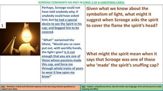 Perhaps, Scrooge could not
have told anybody why, if
anybody could have asked
him; but he had a special
desire to see the Spirit in his
cap; and begged him to be
covered.
"What!" exclaimed the
Ghost, "Would you so soon
put out, with worldly hands,
the light I give? Is it not
enough that you are one of
those whose passions made
this cap, and force me
through whole trains of years
to wear it low upon my
brow!"
Given what we know about the
symbolism of light, what might it
suggest when Scrooge asks the spirit
to cover the flame the spirit’s head?
What might the spirit mean when it
says that Scrooge was one of those
who ‘made’ the spirit’s snuffing cap?
AO1 – Develop a critical and informed response to the text using relevant quotations to
support your ideas.
AO2 – Explain, using literary terms, how the writer uses language, form and structure to create
meaning and effect.
SCROOGE CONFRONTS HIS PAST IN STAVE 2 OF A CHRISTMAS CAROL
1
 