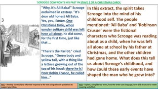 "Why, it's Ali Baba!" Scrooge
exclaimed in ecstasy. "It's
dear old honest Ali Baba.
Yes, yes, I know. One
Christmas time, when
yonder solitary child was left
here all alone, he did come,
for the first time, just like
that …
"There's the Parrot." cried
Scrooge. "Green body and
yellow tail, with a thing like
a lettuce growing out of the
top of his head; there he is!
Poor Robin Crusoe, he called
him…”
In this extract, the spirit takes
Scrooge into the mind of his
childhood self. The people
mentioned: ‘Ali Baba’ and ‘Robinson
Crusoe’ were the fictional
characters who Scrooge was reading
about as a child, when he was left
all alone at school by his father at
Christmas, and the other children
had gone home. What does this tell
us about Scrooge’s childhood, and
how could these early events have
shaped the man who he grew into?
AO1 – Develop a critical and informed response to the text using relevant quotations to
support your ideas.
AO2 – Explain, using literary terms, how the writer uses language, form and structure to create
meaning and effect.
SCROOGE CONFRONTS HIS PAST IN STAVE 2 OF A CHRISTMAS CAROL
3
 