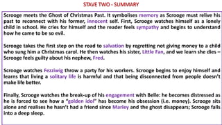 STAVE TWO - SUMMARY
Scrooge meets the Ghost of Christmas Past. It symbolises memory as Scrooge must relive his
past to reconnect with his former, innocent self. First, Scrooge watches himself as a lonely
child in school. He cries for himself and the reader feels sympathy and begins to understand
how he came to be so evil.
Scrooge takes the first step on the road to salvation by regretting not giving money to a child
who sung him a Christmas carol. He then watches his sister, Little Fan, and we learn she dies –
Scrooge feels guilty about his nephew, Fred.
Scrooge watches Fezziwig throw a party for his workers. Scrooge begins to enjoy himself and
learns that living a solitary life is harmful and that being disconnected from people doesn’t
make life better.
Finally, Scrooge watches the break-up of his engagement with Belle: he becomes distressed as
he is forced to see how a “golden idol” has become his obsession (i.e. money). Scrooge sits
alone and realises he hasn’t had a friend since Marley and the ghost disappears; Scrooge falls
into a deep sleep.
 