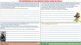 THE IMPORTANCE OF THE CRATCHIT FAMILY SCENE IN STAVE 3
AO1 – Develop a critical and informed response to the text using relevant quotations to
support your ideas.
AO2 – Explain, using literary terms, how the writer uses language, form and structure to create
meaning and effect.
5. ‘At last the dishes were set on, and grace was said. It was succeeded by a breathless pause, as Mrs
Cratchit, looking slowly all along the carving-knife, prepared to plunge it in the breast; but when she
did, and when the long expected gush of stuffing issued forth, one murmur of delight arose all round
the board, and even Tiny Tim, excited by the two young Cratchits, beat on the table with the handle
of his knife, and feebly cried Hurrah!‘
How do the Cratchit family feel about their rather meagre Christmas meal?
______________________________________________
______________________________________________
______________________________________________
______________________________________________
______________________________________________
______________________________________________
6. ‘Tiny Tim sat very close to his father's side upon his little stool. Bob held his withered little hand in his,
as if he loved the child, and wished to keep him by his side, and dreaded that he might be taken from him.
"Spirit," said Scrooge, with an interest he had never felt before, "tell me if Tiny Tim will live."
"I see a vacant seat," replied the Ghost, "in the poor chimney-corner, and a crutch without an owner,
carefully preserved. If these shadows remain unaltered by the Future, the child will die."
"No, no," said Scrooge. "Oh, no, kind Spirit. Say he will be spared."
What is Scrooge’s reaction, and how does it suggest that he is changing?
______________________________________________
______________________________________________
______________________________________________
______________________________________________
______________________________________________
7. "The Founder of the Feast indeed!" cried Mrs Cratchit, reddening. "I wish I had him here. I'd give him a
piece of my mind to feast upon, and I hope he'd have a good appetite for it."
"My dear," said Bob, "the children. Christmas Day."
"It should be Christmas Day, I am sure," said she, "on which one drinks the health of such an odious,
stingy, hard, unfeeling man as Mr Scrooge. You know he is, Robert. Nobody knows it better than you do,
poor fellow."
What is Dickens showing about Bob by having Bob toast Scrooge as the “founder of the feast”?
______________________________________________
______________________________________________
______________________________________________
______________________________________________
______________________________________________
______________________________________________
8. What is the Spirit of Christmas Present showing Scrooge about people like the Cratchit family in this
scene, and what effect does it have on him?
______________________________________________
______________________________________________
______________________________________________
______________________________________________
______________________________________________
______________________________________________
______________________________________________
______________________________________________
 
