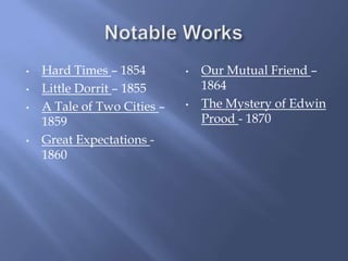 •   Hard Times – 1854        •   Our Mutual Friend –
•   Little Dorrit – 1855         1864
•   A Tale of Two Cities –   •   The Mystery of Edwin
    1859                         Prood - 1870
•   Great Expectations -
    1860
 