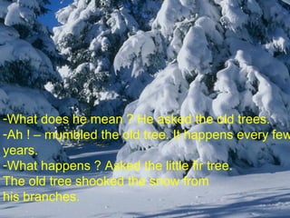 What does he mean ? He asked the old trees. Ah ! – mumbled the old tree. It happens every few years.  What happens ? Asked the little fir tree.  The old tree shooked the snow from  his branches. 