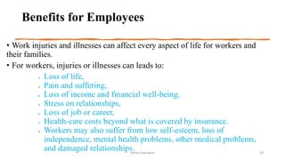 Benefits for Employees
• Work injuries and illnesses can affect every aspect of life for workers and
their families.
• For workers, injuries or illnesses can leads to:
 Loss of life,
 Pain and suffering,
 Loss of income and financial well-being,
 Stress on relationships,
 Loss of job or career,
 Health-care costs beyond what is covered by insurance.
 Workers may also suffer from low self-esteem, loss of
independence, mental health problems, other medical problems,
and damaged relationships.
Rohan Kaduwela 39
 