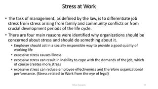 Stress at Work
• The task of management, as defined by the law, is to differentiate job
stress from stress arising from family and community conflicts or from
crucial development periods of the life cycle.
• There are four main reasons were identified why organizations should be
concerned about stress and should do something about it.
• Employer should act in a socially responsible way to provide a good quality of
working life
• excessive stress causes illness
• excessive stress can result in inability to cope with the demands of the job, which
of course creates more stress
• excessive stress can reduce employee effectiveness and therefore organizational
performance. (Stress related to Work from the eye of legal)
Rohan Kaduwela 59
 