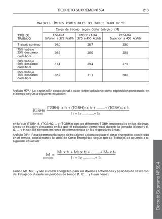 DECRETO SUPREMO Nº 594 213
VALORES LÍMITES PERMISIBLES DEL ÍNDICE TGBH EN ºC
TIPO DE
TRABAJO
Carga de trabajo según Costo Enérgico (M)
LIVIANA
Inferior a 375 Kcal/h
MODERAD A
375 a 450 Kcal/h
PESADA
Superior a 450 Kcal/h
Trabajo continuo 30,0 26,7 25,0
75% trabajo
25% descanso
cada hora
30,6 28,0 25,9
50% trabajo
50% descanso
cada hora
31,4 29,4 27,9
25% trabajo
75% descanso
cada hora
32,2 31,1 30,0
Artículo 97º.- La exposición ocupacional a calor debe calcularse como exposición ponderada en
el tiempo según la siguiente ecuación:
en la que (TGBH)1, (TGBH)2, ... y (TGBH)n son los diferentes TGBH encontrados en las distintas
áreas de trabajo y descanso en las que el trabajador permaneció durante la jornada laboral y t1,
t2, ... y tn son los tiempos en horas de permanencia en las respectivas áreas.
Artículo 98º.- Para determinarla carga de trabajo se deberá calcularel costo energético ponderado
en el tiempo, considerando la tabla de Costo Energético según tipo de Trabajo, de acuerdo a la
siguiente ecuación:
siendo M1, M2, ...y Mn el costo energético para las diversas actividades y períodos de descanso
del trabajador durante los períodos de tiempo t1, t2, ... y tn (en horas).
Decreto
Supremo
Nº
594
 