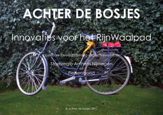 ACHTER DE BOSJES
Innovaties voor het RijnWaalpad
      Openbare Ideeënprijsvraag uitgeschreven door:

          Stadsregio Arnhem Nijmegen
                             en
                    Fietsersbond




                   © achter de bosjes 2011
 