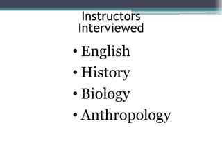 Instructors
Interviewed

• English
• History
• Biology
• Anthropology

 