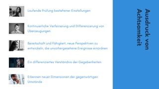 Ausdruckvon
Achtsamkeit
Laufende Prüfung bestehener Einstellungen
Kontinuierliche Verfeinerung und Differenzierung von
Überzeugungen
Bereitschaft und Fähigkeit, neue Perspektiven zu
entwickeln, die unvorhergesehene Ereignisse einordnen
Ein differenziertes Verständnis der Gegebenheiten
Erkennen neuer Dimensionen der gegenwärtigen
Umstände
 