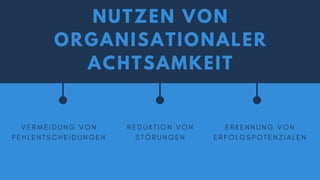 NUTZEN VON
ORGANISATIONALER
ACHTSAMKEIT
R E D U K T I O N V O N
S T Ö R U N G E N
E R K E N N U N G V O N
E R F O L G S P O T E N Z I A L E N
V E R M E I D U N G V O N
F E H L E N T S C H E I D U N G E N
 
