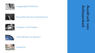Ausdruckvon
Achtsamkeit
Ausgeprägte Fehlerkultur
Bewusstheit bei der Interpretationen
Prozesse im Griff haben
Verbindlichkeit zur Resilienz
Flexibilität
 