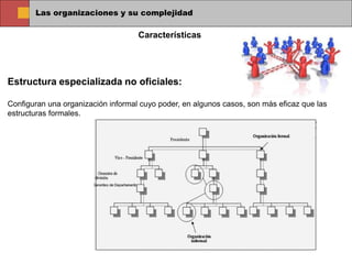 Las organizaciones y su complejidad
Estructura especializada no oficiales:
Configuran una organización informal cuyo poder, en algunos casos, son más eficaz que las
estructuras formales.
Características
 