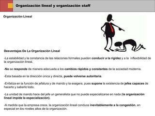 Organización lineal y organización staff
Organización Lineal
Desventajas De La Organización Lineal
-La estabilidad y la constancia de las relaciones formales pueden conducir a la rigidez y a la inflexibilidad de
la organización lineal.
-No se responde de manera adecuada a los cambios rápidos y constantes de la sociedad moderna.
-Esta basada en la dirección única y directa, puede volverse autoritaria.
-Enfatiza en la función de jefatura y de mando y la exagera, pues supone la existencia de jefes capaces de
hacerlo y saberlo todo.
-La unidad de mando hace del jefe un generalista que no puede especializarse en nada (la organización
lineal impide la especialización).
-A medida que la empresa crece, la organización lineal conduce inevitablemente a la congestión, en
especial en los niveles altos de la organización.
 