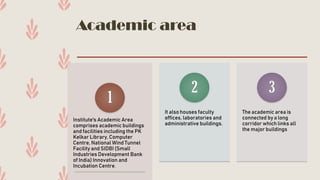 Academic area
Institute's Academic Area
comprises academic buildings
and facilities including the PK
Kelkar Library, Computer
Centre, National Wind Tunnel
Facility and SIDBI (Small
Industries Development Bank
of India) Innovation and
Incubation Centre.
1
It also houses faculty
offices, laboratories and
administrative buildings.
2
The academic area is
connected by a long
corridor which links all
the major buildings
3
 