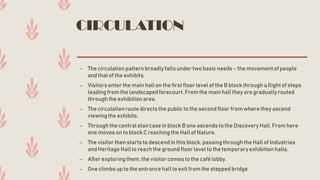 CIRCULATION
– The circulationpattern broadlyfalls under two basic needs – the movementof people
and that of the exhibits.
– Visitors enter the mainhall on the first floor level of the B block through a flightof steps
leadingfrom the landscapedforecourt. From the mainhall they are gradually routed
through the exhibitionarea.
– The circulationroute directs the public to the second floor from where they ascend
viewingthe exhibits.
– Through the central staircasein block B one ascends to the Discovery Hall. From here
one moves on to block C reachingthe Hall of Nature.
– The visitor then starts to descend in this block, passingthrough the Hall of Industries
and HeritageHall to reach the ground floor level to the temporaryexhibition halls.
– After exploring them, the visitor comes to the café lobby.
– One climbs up to the entrance hall to exit from the stepped bridge.
 