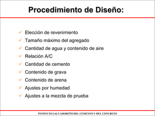 INSTITUTO SALVADOREÑO DEL CEMENTO Y DEL CONCRETO
Elección de revenimiento
Tamaño máximo del agregado
Cantidad de agua y contenido de aire
Relación A/C
Cantidad de cemento
Contenido de grava
Contenido de arena
Ajustes por humedad
Ajustes a la mezcla de prueba
Procedimiento de DiseProcedimiento de Diseñño:o:
 