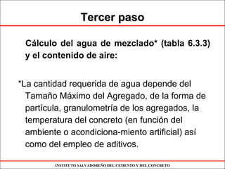 INSTITUTO SALVADOREÑO DEL CEMENTO Y DEL CONCRETO
Tercer pasoTercer paso
Cálculo del agua de mezclado* (tabla 6.3.3)
y el contenido de aire:
*La cantidad requerida de agua depende del
Tamaño Máximo del Agregado, de la forma de
partícula, granulometría de los agregados, la
temperatura del concreto (en función del
ambiente o acondiciona-miento artificial) así
como del empleo de aditivos.
 