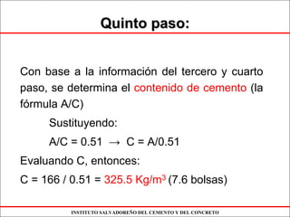 INSTITUTO SALVADOREÑO DEL CEMENTO Y DEL CONCRETO
Quinto paso:Quinto paso:
Con base a la información del tercero y cuarto
paso, se determina el contenido de cemento (la
fórmula A/C)
Sustituyendo:
A/C = 0.51 → C = A/0.51
Evaluando C, entonces:
C = 166 / 0.51 = 325.5 Kg/m3 (7.6 bolsas)
 