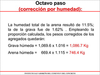 INSTITUTO SALVADOREÑO DEL CEMENTO Y DEL CONCRETO
Octavo pasoOctavo paso
(correcci(correccióón por humedad):n por humedad):
La humedad total de la arena resultó de 11.5%;
la de la grava fue de 1.62% . Empleando la
proporción calculada, los pesos corregidos de los
agregados quedarán:
Grava húmeda = 1,069.6 x 1.016 = 1,086.7 Kg
Arena húmeda = 669.4 x 1.115 = 746.4 Kg
 