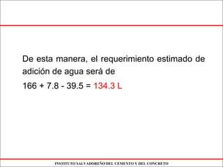 INSTITUTO SALVADOREÑO DEL CEMENTO Y DEL CONCRETO
De esta manera, el requerimiento estimado de
adición de agua será de
166 + 7.8 - 39.5 = 134.3 L
 